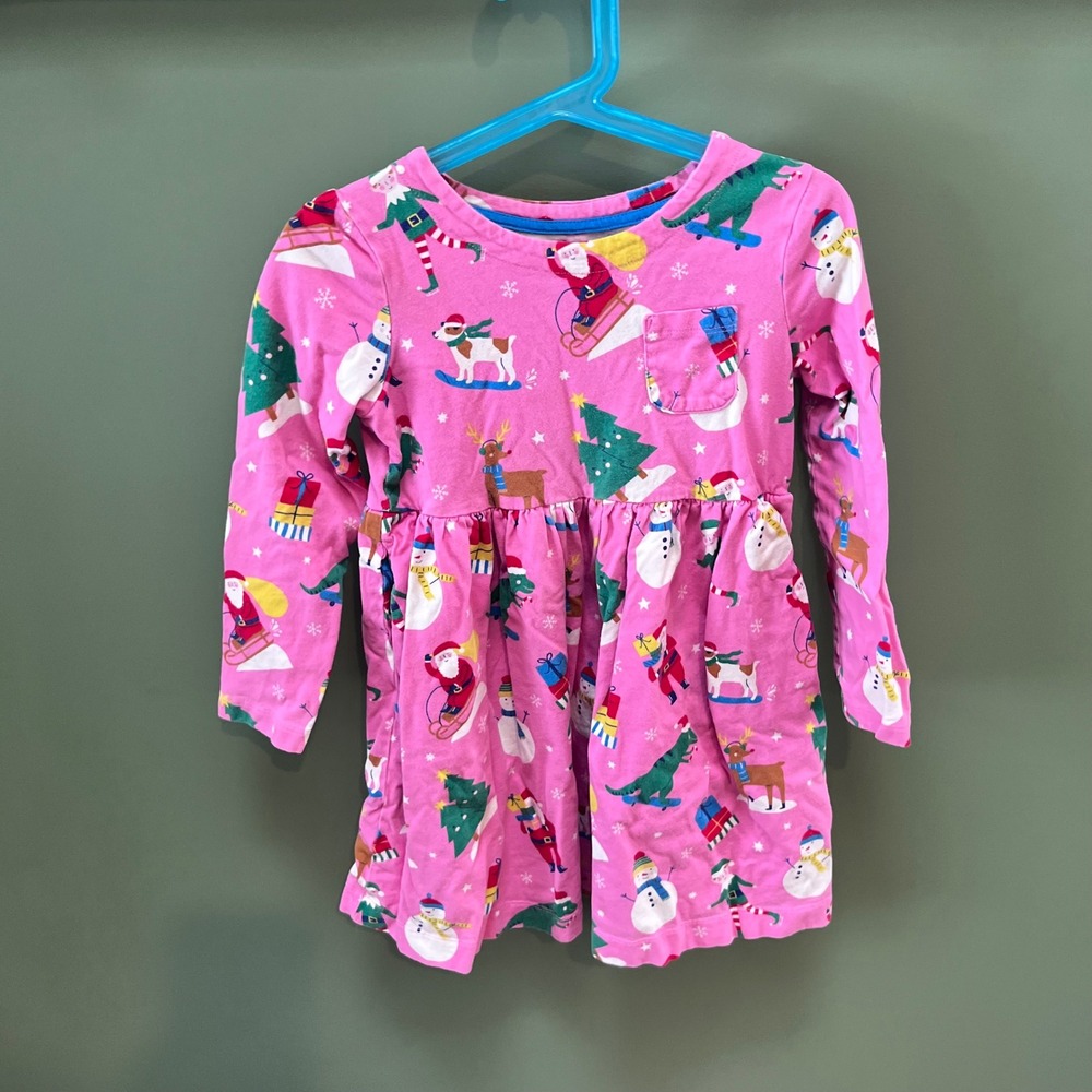 Mini Boden Pink Christmas Santa Snowman Reindeer Long Sleeve Dress Girls 5-6Y